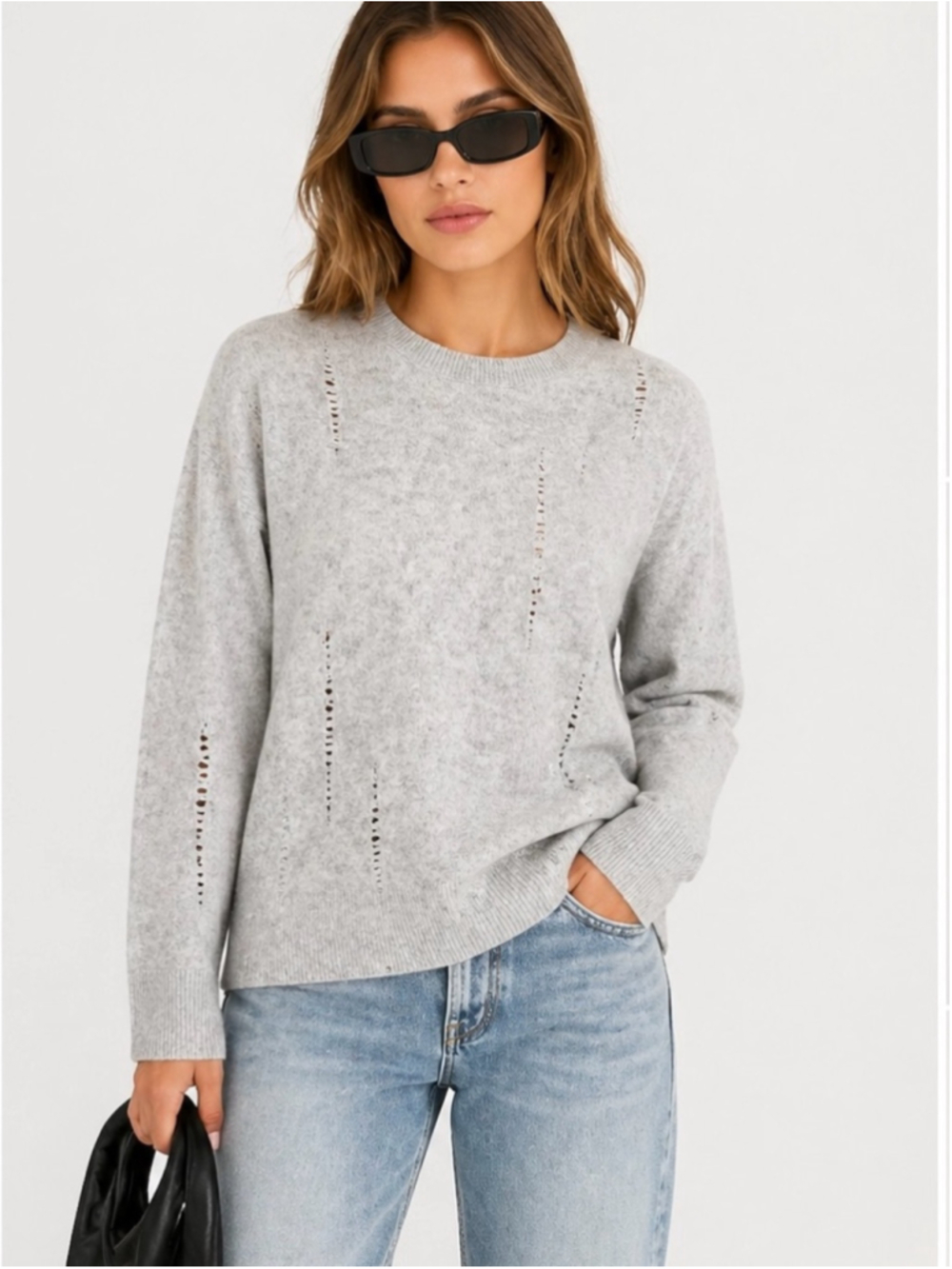 Aqua Cashmere Distressed Knit Sweater Gray Small 100 Percent Cashmere
